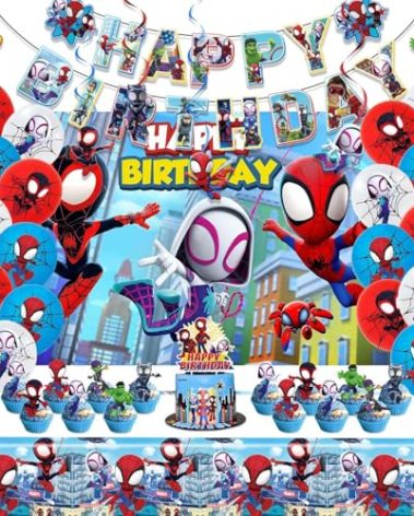 Spidey and Friends Birthday Decorations, Party Supplies Set for Boys & Girls | Includes Banner, Balloons, Cake & Cupcake Toppers, Tablecloth, Hanging Swirls, Backdrop – Spidey Theme Party Decor Kit