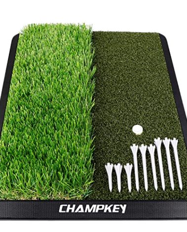 CHAMPKEY Dual-Turf Golf Hitting Mat | Come with 9 Golf Tees & 1 Rubber Tee | Heavy Duty Rubber Backing Golf Practice Mat Ideal for Indoor & Outdoor Training（13"x17", PRO Version）