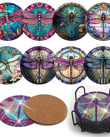 KJMYYXGS 8PCS Dragonfly Coasters Kit, DIY Drink Coasters with Cork Base, Diamond Dot Art Painting Coasters for Adults Beginners