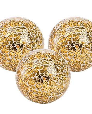 TOPZEA 3 Pack 4 Inch Gold Mosaic Glass Orbs, Decorative Balls Mosaic Spheres for Vase Fillers, Dinning & Coffee Table Centerpieces, Bowl Decor, Home & Christmas Decorations