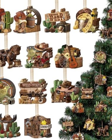 Vercraft 36 Pcs Christmas Western Cowboy Ornaments Wooden Christmas Tree Decorations Cowboy Wild West Hanging Ornaments Western Cowhide Cactus Sheriff Wood Pendant Sign for Xmas Tree Home Decor