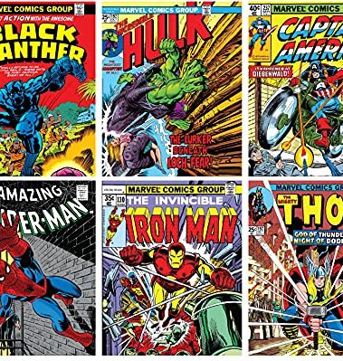 Superhero Wall Art – Superhero Vintage Comic Books Decor Unframed Set of 6 Prints, 8x10 Inch, Super Heroes Poster Room Decor, Vintage Posters for Kids Adults Boys Bedroom (Yellow)