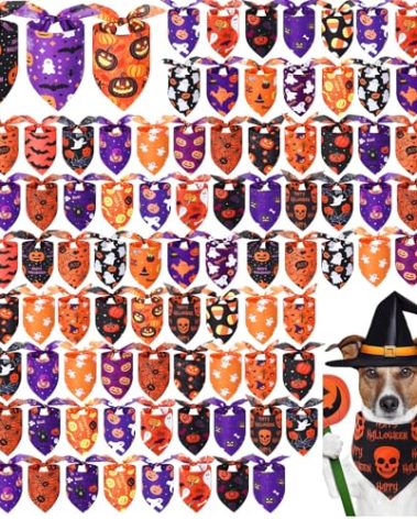 Abbylike 100 Pcs Halloween Dog Bandanas Bulk Pumpkin Bandanas for Dogs Triangle Kerchief Bibs Scarf Set for Pet Halloween Costume Photo Props Accessories Pet Shops, 25 Styles (19.7 x 13.8 x 13.8)