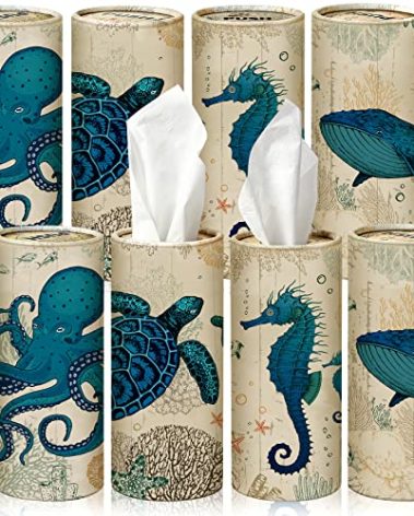 Rtteri 8 Pack Car Tissue Holder with Facial Tissue Bulk Vintage Sea Animal Canvas Printed Cylinder Boxes for Car Cup Holder Refill Home Office Round Container
