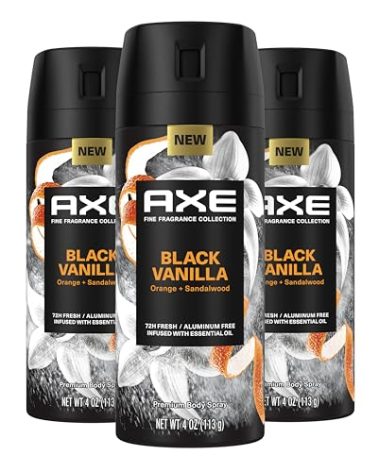 Axe Fine Fragrance Collection Premium Body Spray Black Vanilla with Orange + Sandalwood 3 Count with 72H Odor Protection Aluminum-Free 4 oz