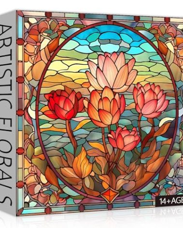 PICKFORU Stained Glass Flower Puzzles for Adults 1000 Pieces, Vintage Art Puzzles Floral, Impossible Hard Challenging for Adults