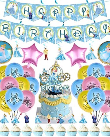 UINKI Cinderella Birthday Party Decorations, Cinderella Balloons, Banner, Cake Toppers, Swirls for Kids Princess Theme Party