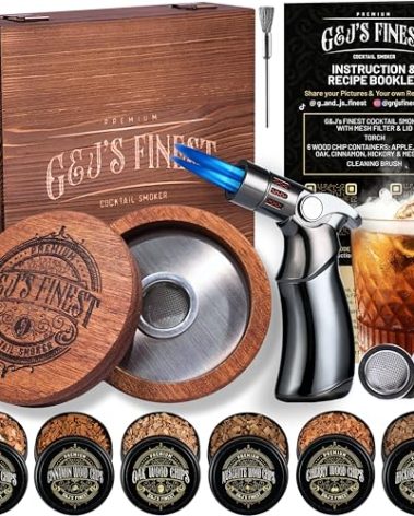 Whiskey Smoker Kit | Cocktail Smoker Kit| Bourbon Smoker Kit| Old Fashioned Smoker Kit with Quad Flame Torch, 6 Wood Chips & Wooden Box for Smoking Drinks| Whiskey Gift for Men (No Butane Incl.)