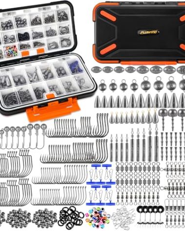 PLUSINNO 264/397pcs Fishing Accessories Kit, Organized Fishing Tackle Box with Tackle Included, Fishing Hooks, Fishing Weights Sinkers, Swivels, Beads, Fishing Gear Set Equipment for Bass Trout