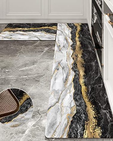 Black Gold Marble Kitchen Mat and Rugs 2 Pieces Anti Fatigue Cushioned Kitchen Floor Mat Non-Slip Leather Kitchen Mats Set for Home Office Laundry