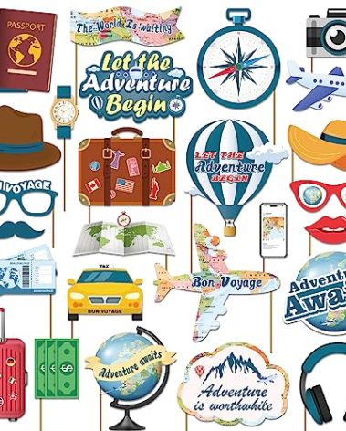 Biswiter Adventure Awaits Party Decorations Photo Booth Props, 26 Pcs Let The Adventure Begin Decorations Photo Props, Bon Voyage Around The World Decorations Photo Props for Travel Decorations