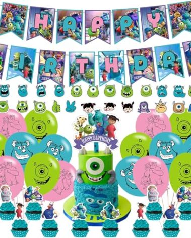 Monster University Party Decorations - Birthday Party Supplies with Banner, Cake Topper, 12 Cupcake Toppers, 18 Balloons, 50 Monster Stickers