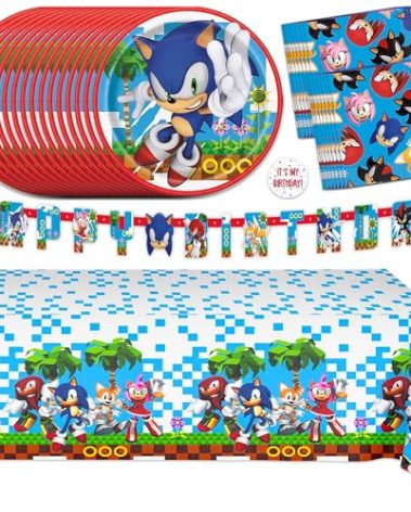 Sonic Birthday Party Decorations for 16 | Banner, Tablecloth, Sonic Plates and Napkins, Sticker | Sonic Party Decorations | Officially Licensed