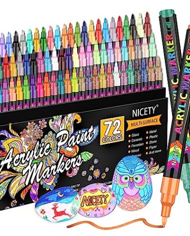 NICETY 72 Colors Acrylic Paint Pens Paint Markers, Extra Fine Tip Point Acrylic Paint Pens for Rock Painting, Canvas, Wood, Ceramic, Glass, Stone, Fabric, DIY Crafts & Art Supplies