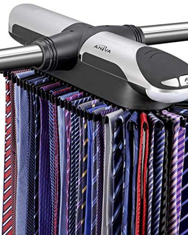 Aniva Motorized Tie Rack Closet Organizer with LED Lights Includes J Hooks for Wired Shelving Stores Up to 72 Ties & 8 Belts, Operates with Batteries