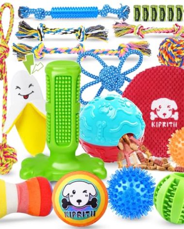 KIPRITII 25 Pack Various Puppy Dog Toys for Teething, Entertainment & Interaction, Puppy Chew Toys Pack with Rope Toy, Treat Balls and Dog Squeaky Toys for Puppies & Small Dogs