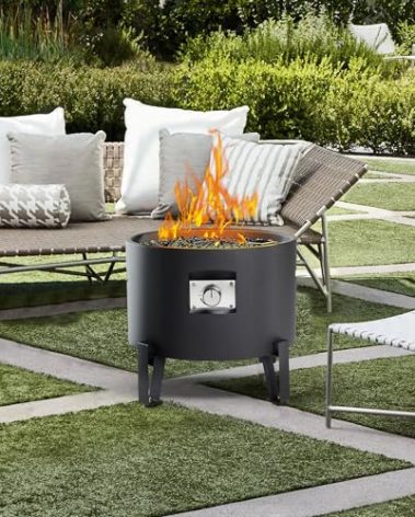 BAIDE HOME Portable Propane Fire Pit for Camping RV 50,000 BTU Round 15'' H x 16'' W Portable Gas Firepit W/Lid, Glass Rocks & Weather Resistant for Outdoors, Propane Extension Hose, Black