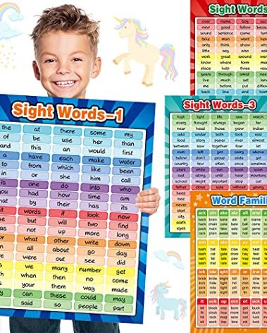 Yisong 4 Sheets Sight Words Poster Extra Large Educational Word Families Chart Posters Classroom Learning Decoration for Preschool, Classroom, Homeschool, Playroom