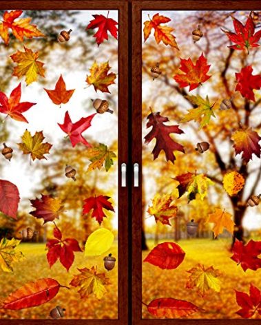VEYLIN 6 Sheets 200Pcs Thanksgiving Window Clings, Autumn Maple Leaves Windows Static Stickers for Thanksgiving Day Window Decoration