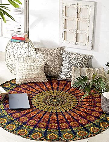 raajsee Yellow Mandala Round Beach Tapestry Hippie/Boho Beach Blanket/Indian Cotton Throw Bohemian Round Table Cloth/Aesthetic Tapestry/Yoga Mat Meditation Picnic Rugs 127 CM / 50 INCHE Circle