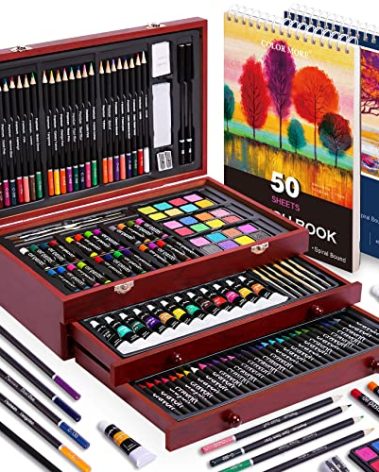 Color More 175 Piece Deluxe Art Set with 2 Drawing Pads, Acrylic Paints, Crayons, Colored Pencils, Paint Set in Wooden Case, Professional Art Kit, Art Supplies for Adults, Teens and Artist, WoodMuse Plus