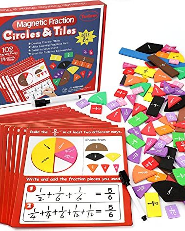Torlam Magnetic Fraction Tiles & Fraction Circles Activity Set - Math Manipulatives for Elementary School - Fraction Magnets & Resources - Fraction Strips & Bars