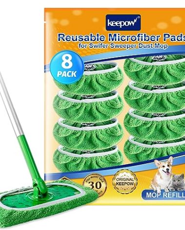 KEEPOW Reusable Mop Pads Compatible with Swiffer Sweeper Mop, Dry Sweeping Cloths for Swiffer Pads, 8 Pack Washable Microfiber Wet Mopping Cloth Refills for Surface/Hardwood Floor Cleaning