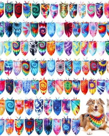 Huhumy 50 Pcs Tie Dye Dog Bandanas Bulk Pet Bibs Colorful Triangle Scarf Pet Bandanas for Medium Large Dogs Spring Summer Birthday Costume Decoration