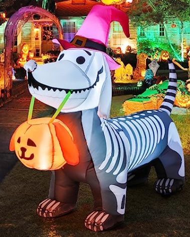 GOOSH 5.5 FT Halloween Inflatables Outdoor Decorations Skeleton Puppy Inflatable Yard Decoration with Build-in LEDs Blow Up Pumpkin for Halloween Party Indoor Outdoor Yard Garden