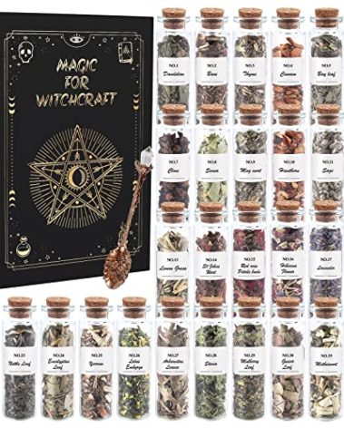Witchcraft Supplies Herbs - 30 Bottles Dried Herbs Kit for Beginners - Altar Supplies Healing Herbal Natural Herbs Crystal Spoon for Wicca, Pagan Magic Spells and Bath