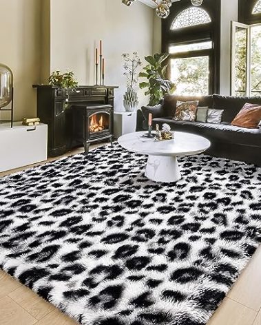Amearea Fluffy Leopard Print Rug, Modern Shag Cheetah Rugs Home Decor for Teen Girls, Soft Comfy Faux Fur Animal Rug for Bedroom, Living Room, Plush Cheetah Print 70s Decor, White and Black 3x5 Feet