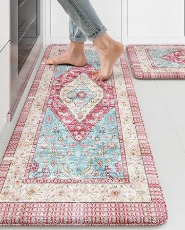 KIMDOE Kitchen Rugs and Mats 2PCS Cushioned Anti Fatigue Kitchen Mat Non-Skid Waterproof Kitchen Runner Rug for Kitchen Decor,Floors,Office,Laundry,Rose Red