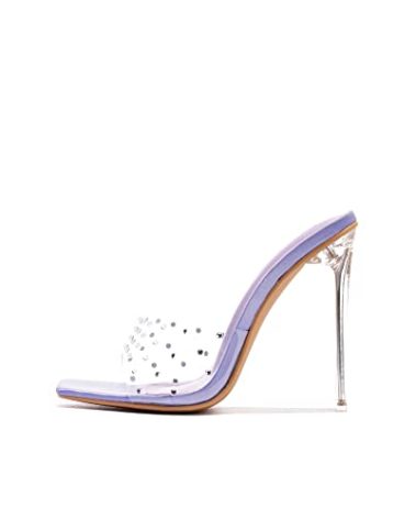 Women's Clear Transparent Strap Stiletto Heel Sandals - Rhinestone Embellished Slip-On Dress Shoes Open Toe for Wedding Party Evening (Brisa) - Purple Size 8