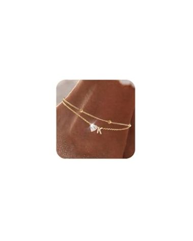 MYYOII Ankle Bracelets for Women Waterproof 14K Gold Plated CZ Initial Anklet for Women Dainty Layered Letter Heart Ankle Bracelets Handmade Adjustable Foot Chain Anklet Summer Beach Jewelry K