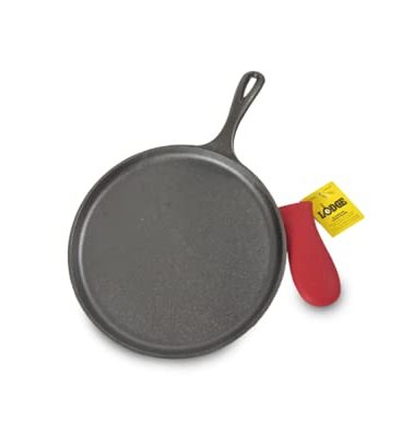 Lodge Cast Iron Round Griddle with Red Silicone Hot Handle Holder, 10.5-inch
