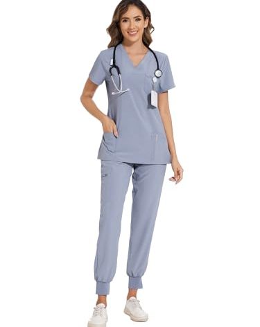 COZYFIT Scrubs Set for Women - Stretch V-Neck Top & Jogger Pant With 8 Pockets, Yoga Waistband, Anti-Wrinkle, Slim Fit - Light Grey, 5XL