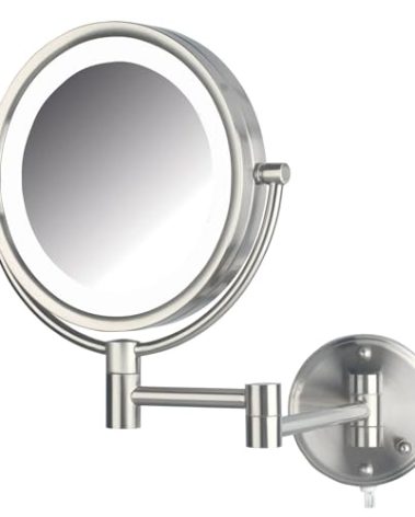 JERDON Wall-Mounted Makeup Mirror with Lights - Nickel Lighted Makeup Mirror with 8X Magnification - Model HL88NL