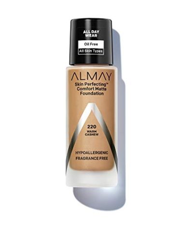 Almay Skin Perfecting Comfort Matte Foundation Liquid Makeup, Hypoallergenic, Cruelty- & Fragrance-Free, Dermatologist-Tested, 220 Warm Cashew, 1 fl oz