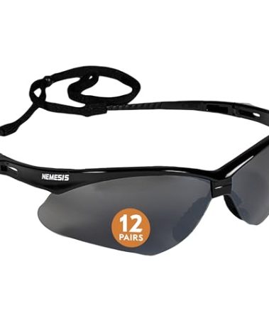KleenGuard™ V30 Nemesis™ Safety Glasses (25688), with Mirror Coating, Smoke Lenses, Black Frame, Unisex Sunglasses for Men and Women (Qty 12)