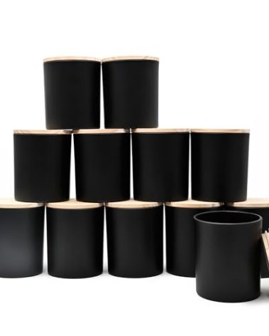 SHOWIN 14 OZ Thick Candle Jars for Making Candles 12 Pcs, 3 Wick Empty Jars with Wood Lids for Candle Making, Sample Container,Matte Black
