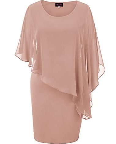 Women's Retro Sheer Cape Dress Midi Bodycon Pencil Dress with Chiffon Capelet 2XL Pink
