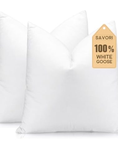 SAVORI Set of 2 Down and Feather Throw Pillow Inserts 24x24 Soft Fluffy Pillow Inserts with 100% Down-Proof Cotton Cover, Decorative Square Cushion Inner for Sofa Couch Bed-White