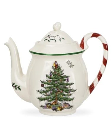 Spode Christmas Tree 32oz Teapot with Peppermint Candy Cane Handle - Earthenware, Festive Holiday Serveware, Brewing Warm Winter Drinks - Beautiful Addition To Your Festive Table