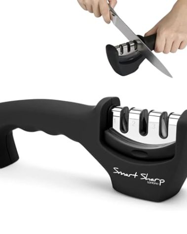 Lantana Knife Sharpener 'Smart Sharp' - Professional 3 Stage Manual Sharpener for Sharpening Kitchen Knives - Ceramic Stone, Tungsten Carbide Plates, Diamond rods. Ergonomic Design, Black/Chrome