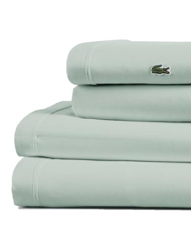 Lacoste 100% Cotton Percale 4-Piece Sheet Set – Cool, Crisp, Matte, and Durable, Oeko-Tex Certified – Solid, Iced Mint, Queen