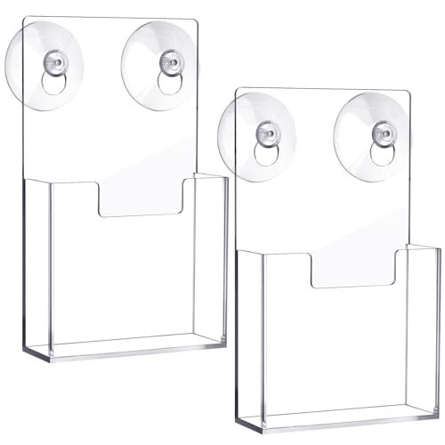 Thyle 2 Pcs Acrylic Brochure Holder with Suction Cups Wall Mount 7.4 x 4.2 Inch Window Clear Plastic Pamphlet Organizer Flyer Display Rack for Trifold Page Booklet Sticker Marketing Office Retail Shop