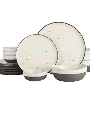 Gibson Elite Rhinebeck 16-Piece Double Bowl Dinnerware Set, Service for 4 – White and Black Stoneware Plates and Bowls