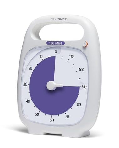 TIME TIMER PLUS 120 Minute Desk Visual Timer Countdown Timer with Portable Handle for Classroom, Office, Homeschooling, Study Tool, with Silent Operation (White)