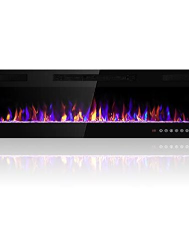 Electactic 60 Inch Electric Fireplace Insert Ultra-Thin - Recessed & Wall-Mounted Fireplace Heater with Thermostat, Adjustable Flame, Remote Control - Linear with Timer, Touch Screen, 750/1500W
