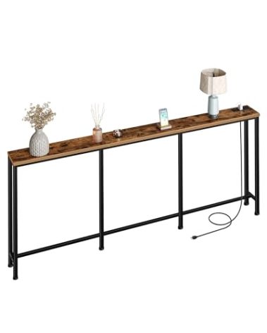 CHOEZON 78.7'' Narrow Console Table with Power Outlet 7.1" Skinny Sofa Table, Long Behind Couch Table with Charging Station, Entryway Table for Hallway, Living Room Rustic Brown and Black TXG20UBF